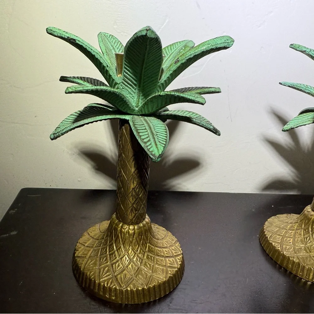 2 Vintage Brass‎ Palm Tree Taper Candle Stick Holders  Tropical Decor 6” H Green